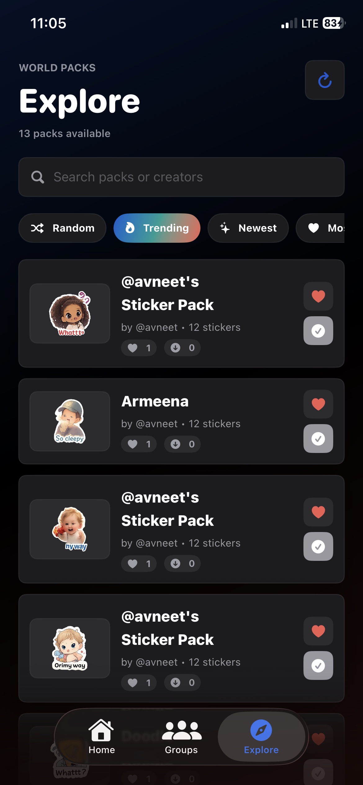 Stickable Explore screen showing shared sticker packs