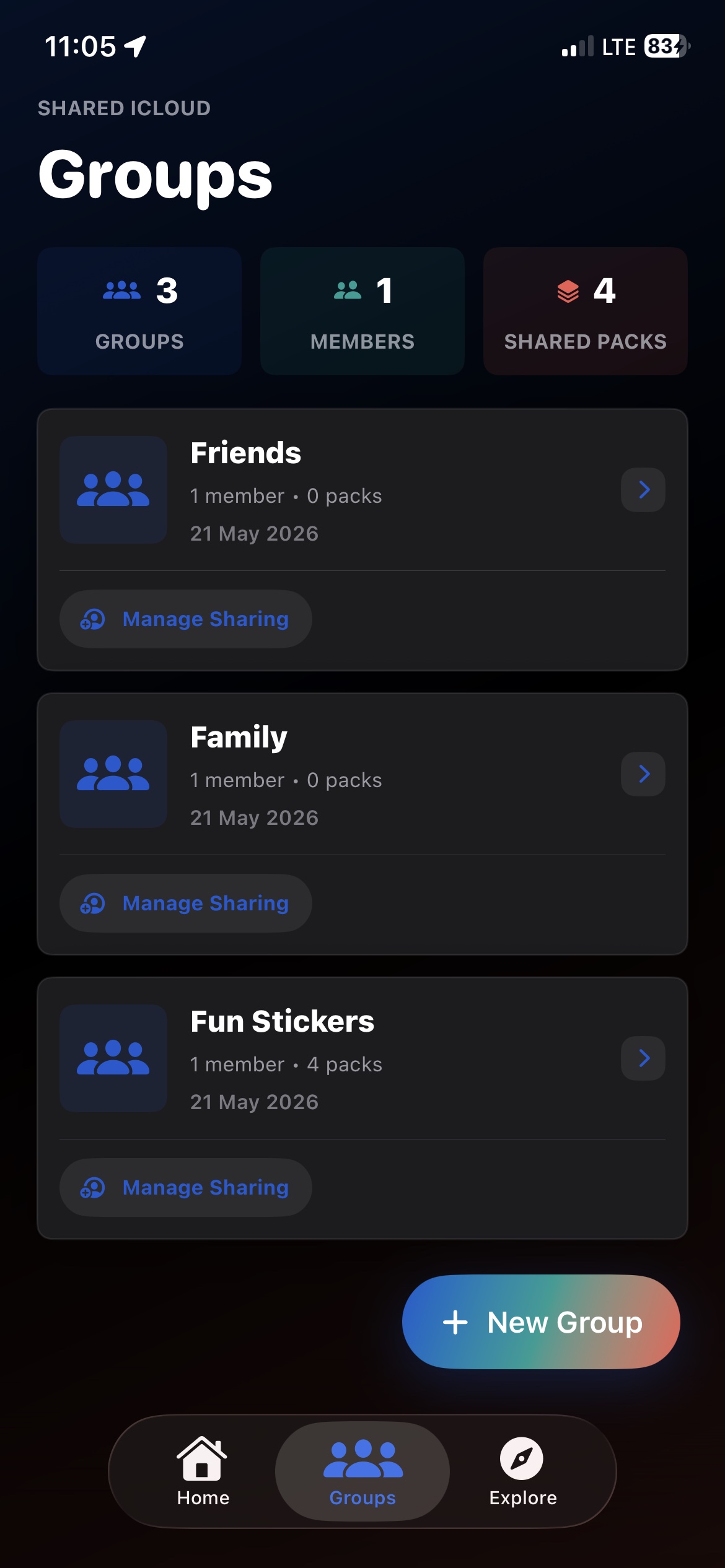 Stickable Groups showing iCloud shared sticker groups