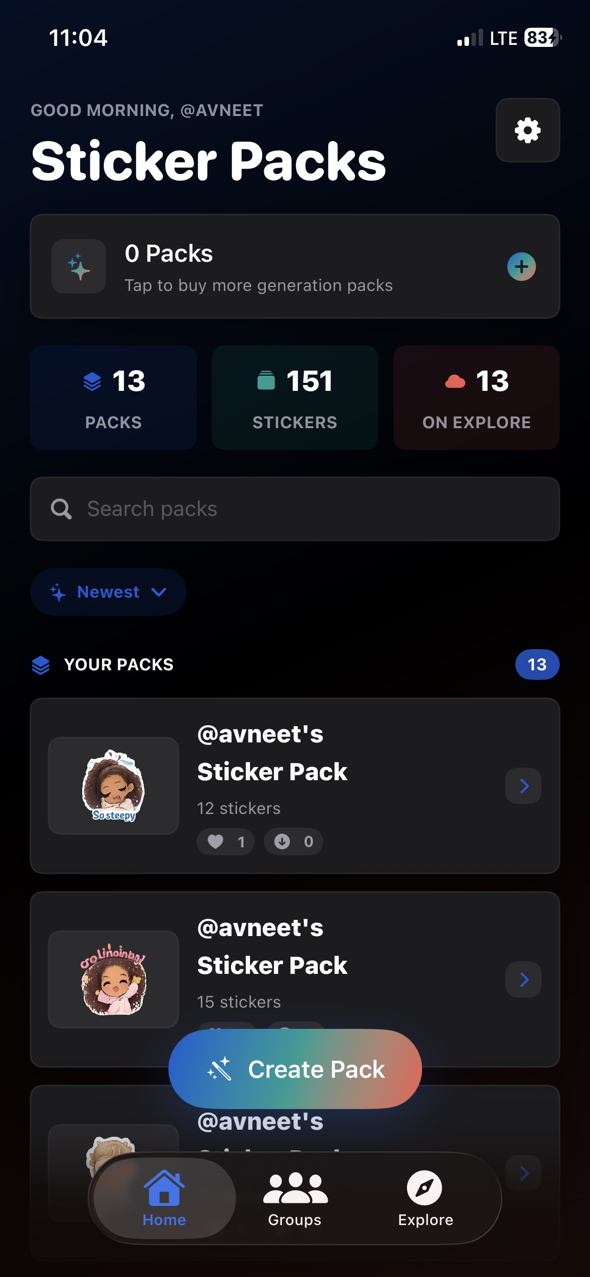 Stickable Home screen showing saved sticker packs
