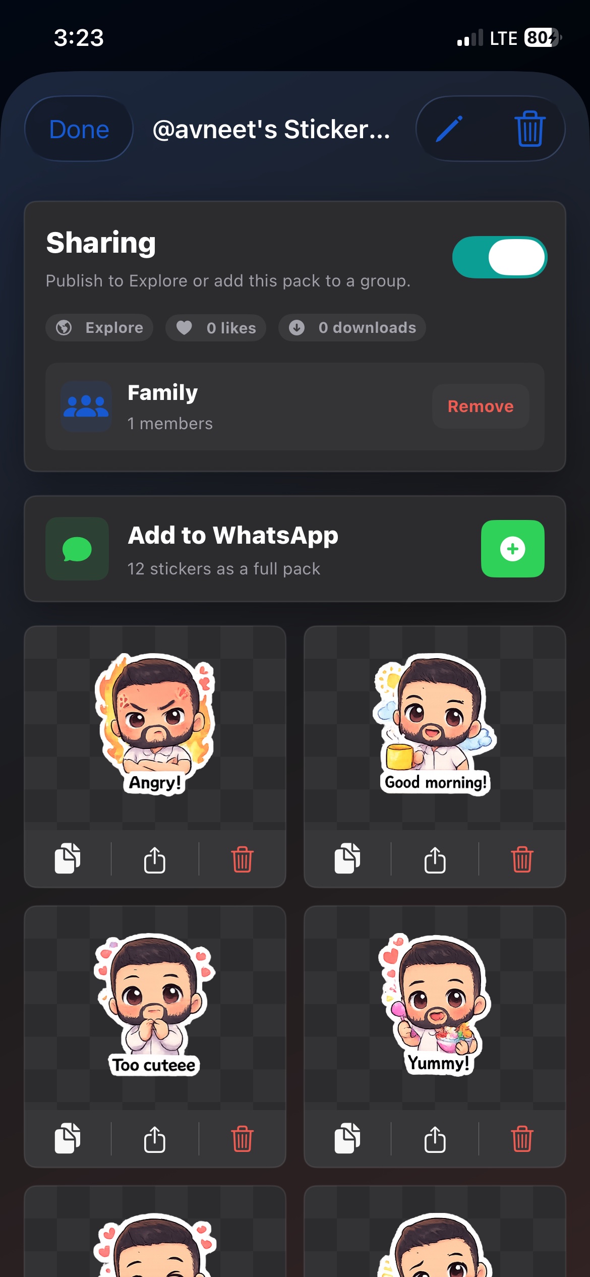 A generated Stickable pack with sharing, WhatsApp export, and sticker actions